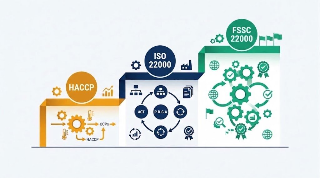 HACCP, ISO 22000 ve FSSC 22000 gıda güvenliği standartlarının karşılaştırma matrisini ve seviyelerini temsil eden vektör illüstrasyon.