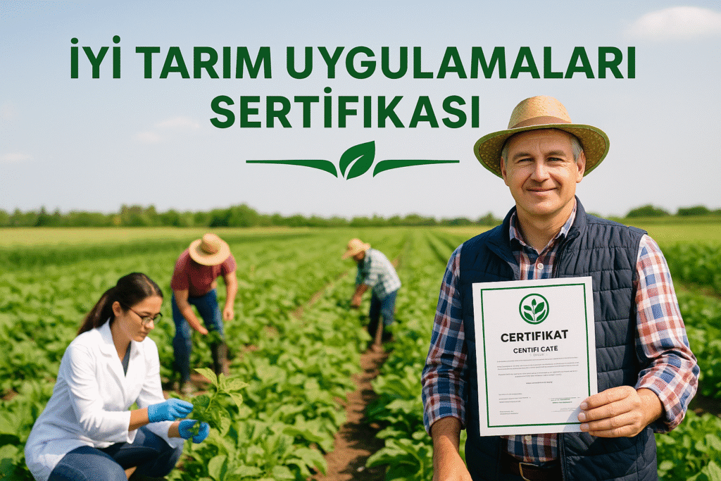 İyi Tarım Uygulamaları Sertifikası belgesini tarlasında gururla gösteren çiftçi, arka planda bitki kontrolü yapan ziraat mühendisi ve çalışanlarla birlikte sürdürülebilir tarım sahnesi