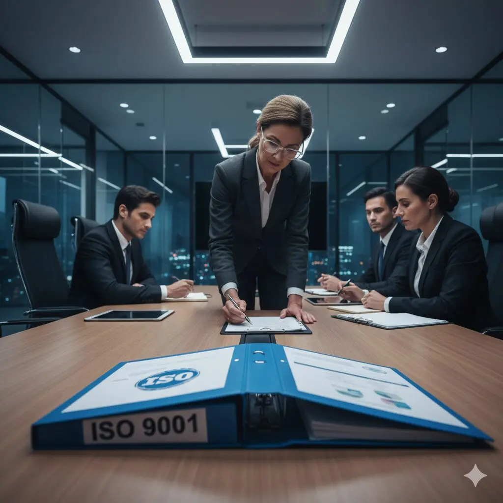Kurumsal bir firmanın ISO 9001 denetimlerinde başdenetçi gerekli evrakları inceliyor