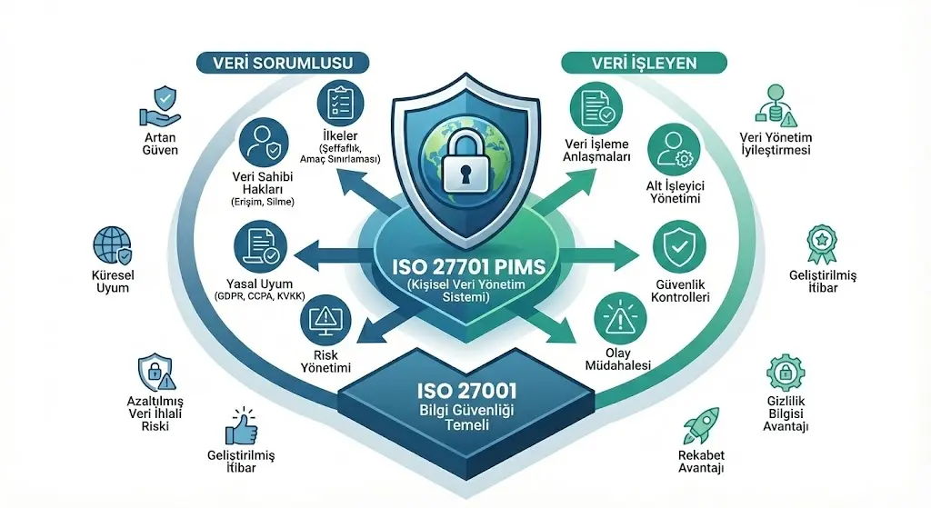 ISO/IEC 27701:2019 (Kişisel Veri Yönetim Sistemi - PIMS), günümüzde KVKK ve GDPR süreçlerini dijital güvenlikle birleştiren en stratejik sertifikadır.