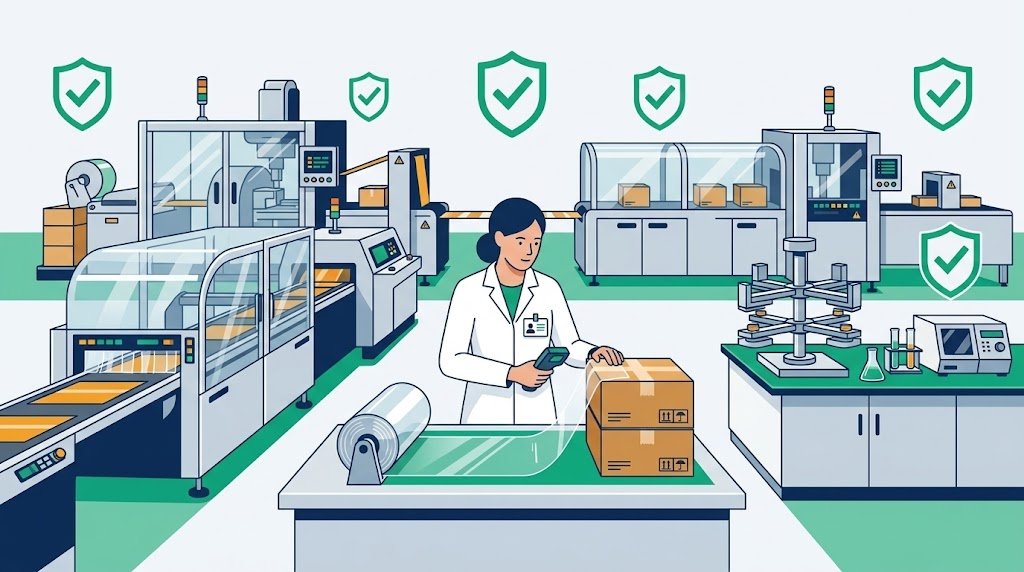 Gıda ile temas eden ambalaj üreticilerinde ISO 22000 gıda güvenliği yönetim sistemi ve ISO/TS 22002-4 ön gereksinim denetimini temsil eden B2B vektör illüstrasyon.