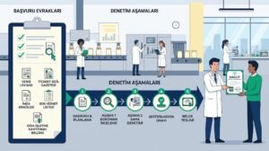 HACCP belgesi alma sürecini, başvuru evraklarını ve 5 adımlı denetim aşamalarını gösteren vektör illüstrasyon.