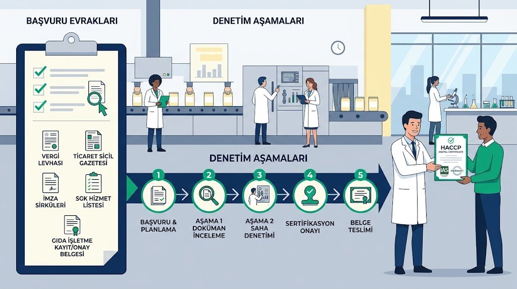 HACCP belgesi alma sürecini, başvuru evraklarını ve 5 adımlı denetim aşamalarını gösteren vektör illüstrasyon.