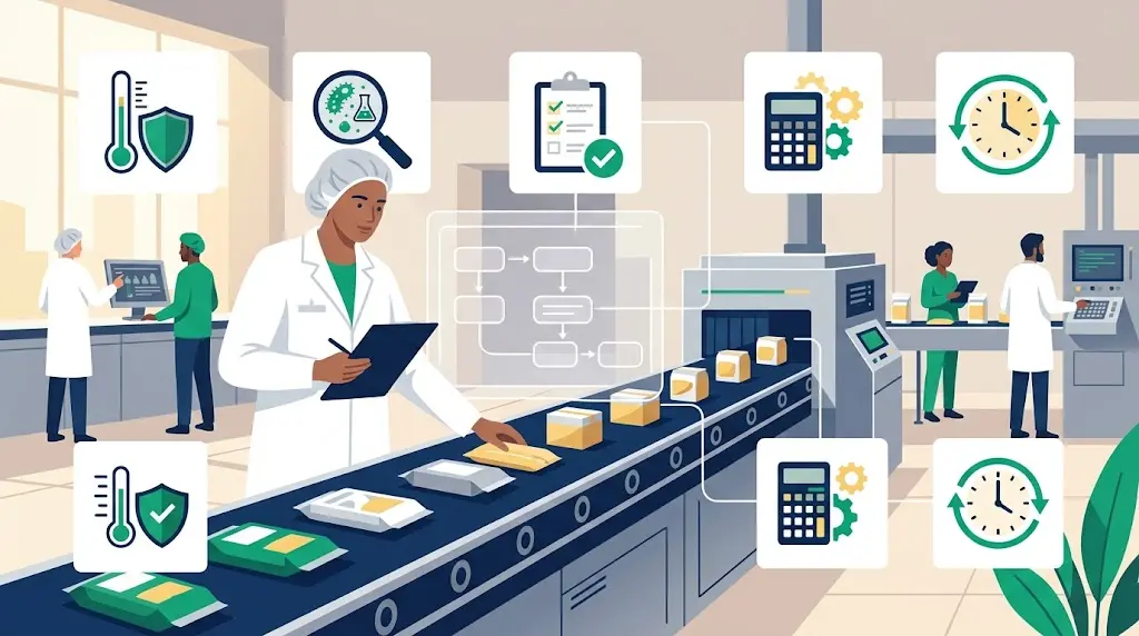 Gıda tesisinde HACCP tehlike analizi ve kritik kontrol noktaları CCP denetimini temsil eden minimalist vektör illüstrasyon.