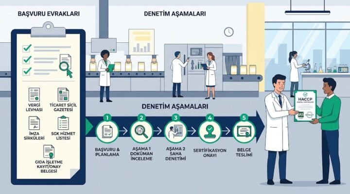 HACCP belgesi alma sürecini, başvuru evraklarını ve 5 adımlı denetim aşamalarını gösteren vektör illüstrasyon.