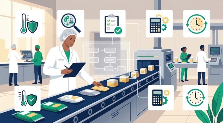 Gıda tesisinde HACCP tehlike analizi ve kritik kontrol noktaları CCP denetimini temsil eden minimalist vektör illüstrasyon.