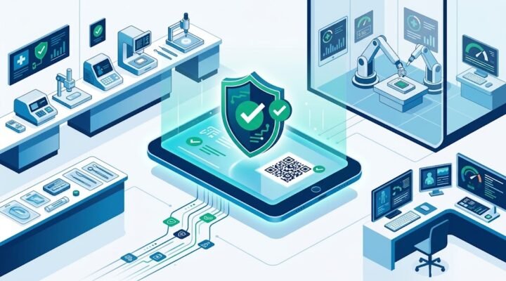 Sağlık Bakanlığı TİTCK Ürün Takip Sistemi (ÜTS) kayıt ve tıbbi cihaz tescilinde ISO 13485 belgesi zorunluluğunu temsil eden B2B vektör illüstrasyon.